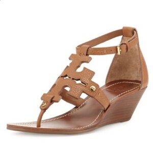 Tory Burch Chandler Wedge Logo Sandal Brown Tan Size 9.5 Designer Leather